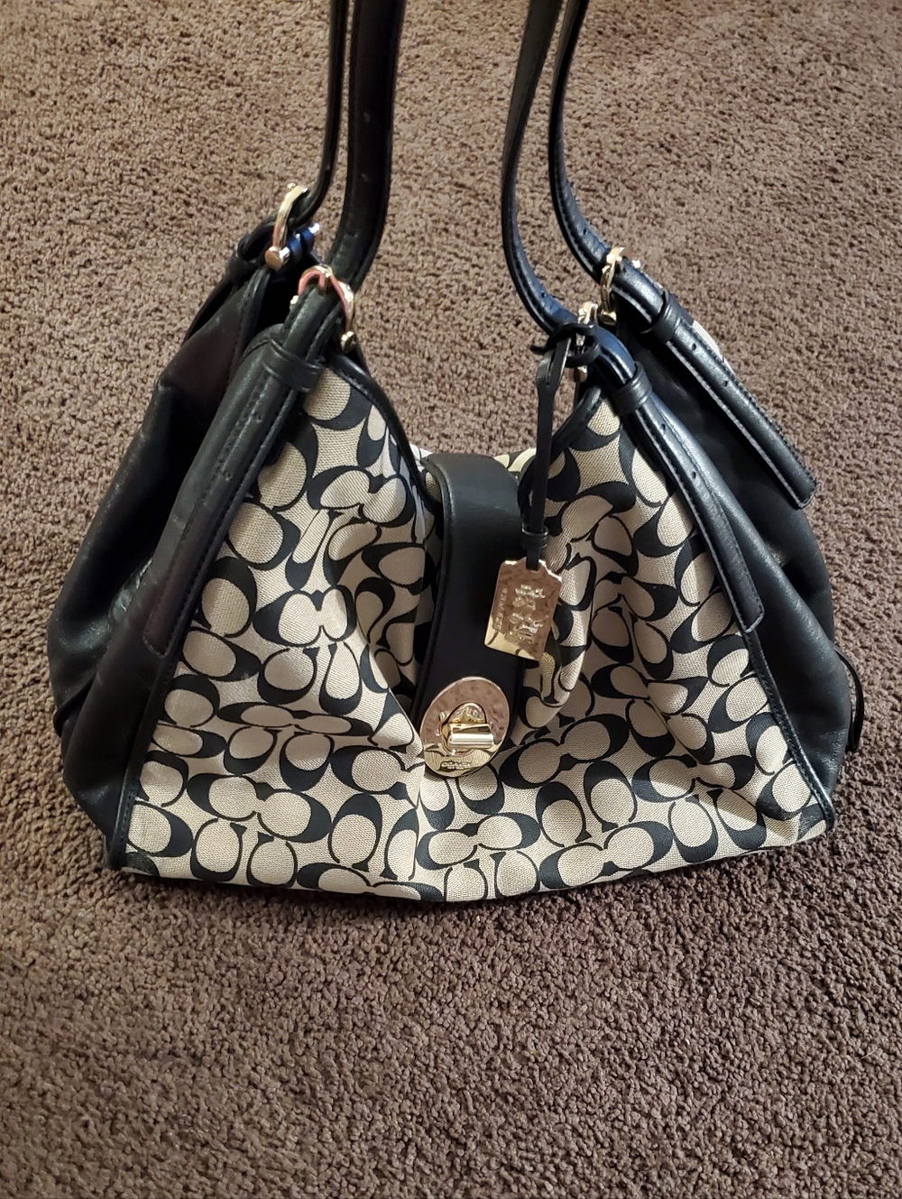 Coach Madison Carlyle Logo Canvas and Black Leather Hobo Bag